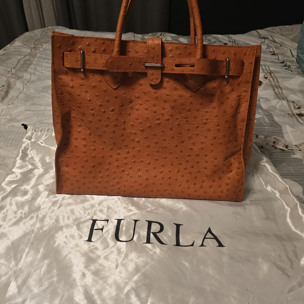 Furla Orange Brown Embossed Ostrich Bag
